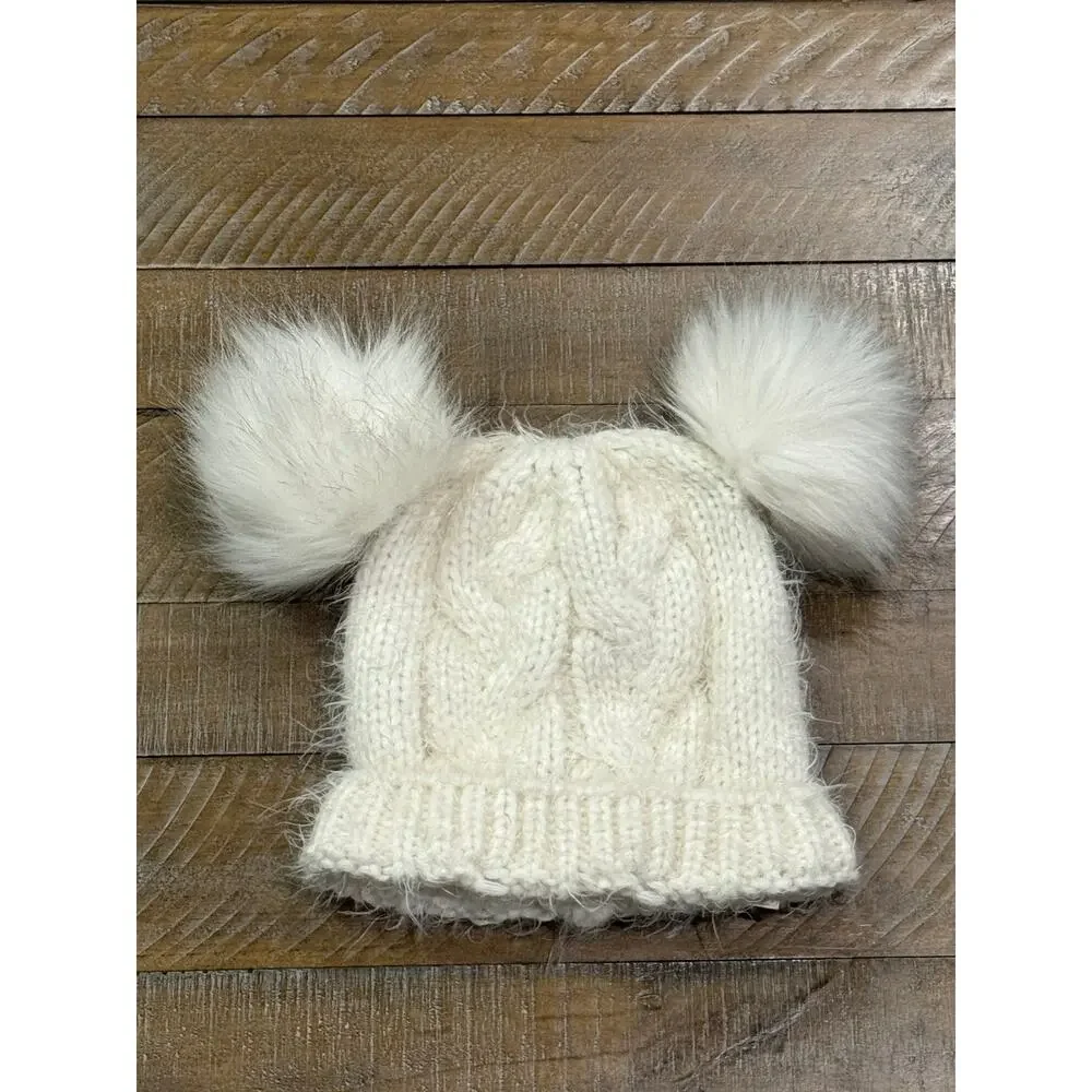 Primark Ivory Cable Knit Double Pom Pom Sweater Hat Beanie